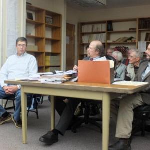 Tim Hodgdon, left, testifies as a witness during David Stimson’s Board of Appeals hearing. Also pictured are attorney Michael Kaplain, center, and plaintiff David Stimson, right. The board will reconvene at 6 p.m., November 8 at the Boothbay Town Office. RYAN LEIGHTON/Boothbay Register Tim Hodgdon, left, testifies as a witness during David Stimson’s Board of Appeals hearing. Also pictured are attorney Michael Kaplain, center, and plaintiff David Stimson, right. The board will reconvene at 6 p.m., November 8 at the Boothbay Town Office. RYAN LEIGHTON/Boothbay Register