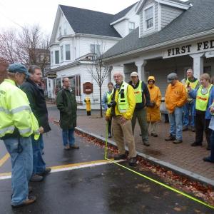 Dan Burden talks about the benefits of smaller parking spaces in front of First Federal Savings on Townsend Avenue. KATRINA CLARK/Boothbay Register. Below: A small work group map shows ideas from the community. Courtesy of Friends of Midcoast Maine