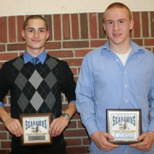 Football plaque winners, from left, Jesse Peters, coaches award; Cormac Miller, most valuable. Missing is Antonio Maulolo, most improved. KEVIN BURNHAM/Boothbay Register