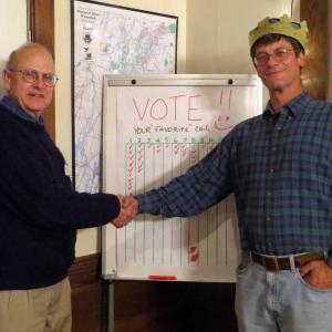 Board President John Atwood, left, congratulates John Wentzel, right, for winning the chili competition at the Sheepscot Valley Conservation Association November 9. Below: Volunteers try to pick their favorite chili at the annual volunteer appreciation celebration. Courtesy of Sheepscot Valley Conservation Association Board President John Atwood, left, congratulates John Wentzel, right, for winning the chili competition at the Sheepscot Valley Conservation Association November 9. Courtesy of Sheepscot Valley Conservation Association