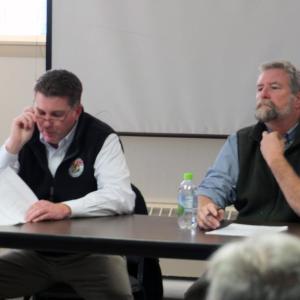 Department of Marine Resources Commissioner Patrick Keliher, left, and Director of External Affairs Terry Stockwell led a discussion with shrimp fishermen and scientists during a special meeting in Hallowell Monday, Nov. 26. President of the Maine Shrimp Trappers Association Tim Simmons read a statement aloud during the meeting asking those who trap and those who trawl for shrimp to work together to sustain the fishery. JOHN MAGUIRE/Wiscasset Newspaper Department of Marine Resources Commissioner Patrick Keliher, left, and Director of External Affairs Terry Stockwell led a discussion with shrimp fishermen and scientists during a special meeting in Hallowell Monday, Nov. 26.