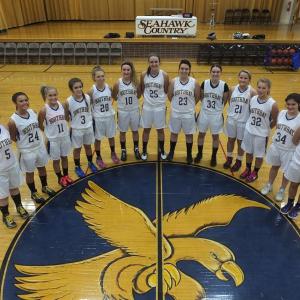 The 2012-2013 Lady Seahawks basketball team, from left, Meghan Oakes, Brooke Alley, Sara Durgan, Ashley Reed, Hannah Morley, Sarah Caron, Alex Clarke, Allison Crocker, Hannah Brewer, Nicole Rice, Morgan Crocker, Genevieve Taylor, Abby McLellan. Missing is Avae Traina. RYAN LEIGHTON/Boothbay Register