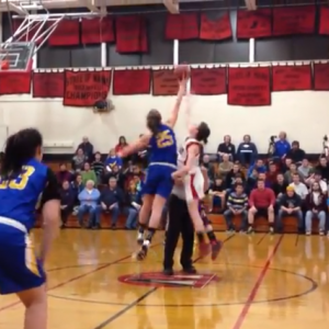 Alex Clarke tips off against Wiscasset's center. Boothbay beat their rivals 55-28, January 7. Below: Allison Crocker, Alex Clarke, and Sarah Caron make up Boothbay's core leadership. RYAN LEIGHTON/Boothbay Register Alex Clarke tips off against Wiscasset's center. Boothbay beat their rivals 55-28, January 7