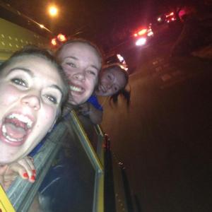 The senior captains Allison Crocker, Alex Clarke and Sarah Caron hang out of the school bus windows while parading through Boothbay Harbor, February 21. Courtesy of Hannah Morley. The senior captains Allison Crocker, Alex Clarke and Sarah Caron hang out of the school bus windows while parading through Boothbay Harbor, February 21. Courtesy of Hannah Morley