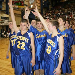 The proud Seahawks hold up their state runner-up trophy for Seahawk Nation. KEVIN BURNHAM/Boothbay Register