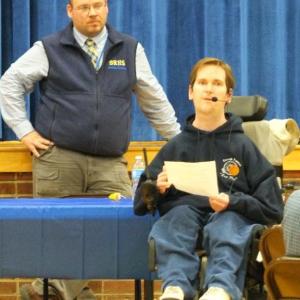 Tanner Grover, MVC coach of the year, thanks all the supporters of Seahawks basketball, while Allan Crocker looks on. RYAN LEIGHTON/Boothbay Register