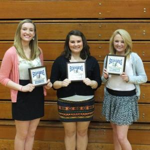 Cheerleaders Louise Monroe (coaches award) Alison Cook, (most improved) and Caroline Knapp, (most valuable player). This season the BRHS cheerleaders were the recipients of conference the spirit award. RYAN LEIGHTON/Boothbay Register