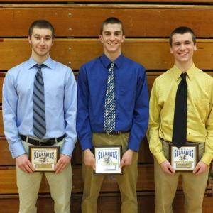 Seahawks Anthony DiMauro (most valuable), John Hepburn (most improved) and Stephen Barter (coaches award). RYAN LEIGHTON/Boothbay Register