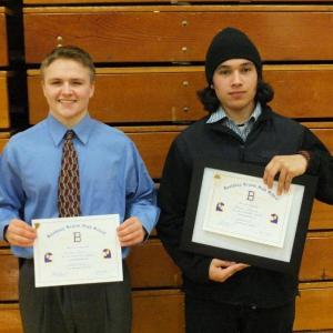 Wrestlers Howard Carter and Antonio Maulolo received certificates. Carter placed third at the regional, and Maulolo was the first state champion for BRHS since 1996. RYAN LEIGHTON/Boothbay Register