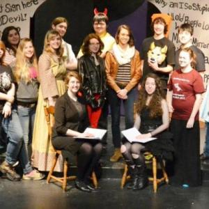 The Brothers Grimm Spectaculathon players are, front, seated: Hannah Elder, Chloe Hoecker; second row: Chris Dugay, Chelsea Morton, Samantha Carter, Gretchen Elder, Jasmine Partner, Josiah Purin (holding wolf mask), Ashley Poland, Krystina Nichols, John Gordon; third row: Mikayla McFetidge, Keni Lorraine, Sam Schwehm, Annielyn MacKusick, Jared Morgan, Quinn Pickett, Garret Carter, Taylor Pinkham and Tommy Smith.