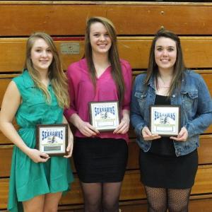 Lady Seahawks senior captains Sarah Caron, Alex Clarke and Allison Crocker all received the most valuable player award from coach Tanner Grover. Below, Grover, MVC coach of the year, thanks all the supporters of Seahawks basketball, while Allan Crocker looks on. RYAN LEIGHTON/Boothbay Register Lady Seahawks senior captains Sarah Caron, Alex Clarke and Allison Crocker all received the most valuable player award from coach Tanner Grover. RYAN LEIGHTON/Boothbay Register