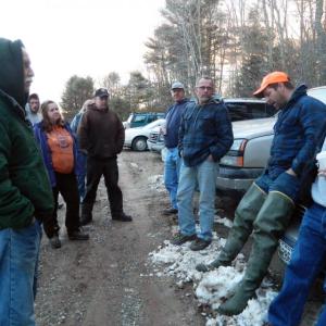Worm diggers gather at Westport Landing in Wiscasset March 22 to discuss strategies to oppose the leasing of mud flats. CHARLOTTE BOYNTON/Wiscasset Newspaper       