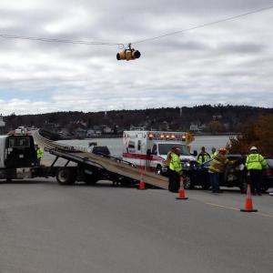 Neither driver was transported to a hospital from the accident scene at the Donald Davey Bridge April 24. JOHN MAGUIRE/Wiscasset Newspaper