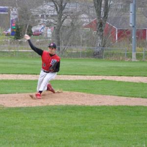 Chandler Longfellow fires a pitch against the Boothbay Region High School Seahawks. Longfellow pitched four innings and allowed one run on four hits while fanning six. BEN BULKELEY/Wiscasset Newspaper   
