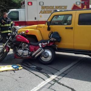 Gary Tilton's motorcycle and Ralph Hall's Hummer after colliding outside Montsweag Roadhouse May 18. JULIE HOSKEER/Boothbay Register