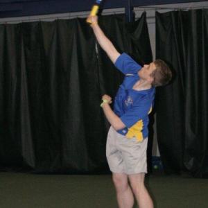 Second Doubles player Evan Stevens serves during the May 1 match against Spruce Mountain. KEVIN BURNHAM/Boothbay Register Second Doubles player Evan Stevens serves during the May 1 match against Spruce Mountain. KEVIN BURNHAM/Boothbay Register