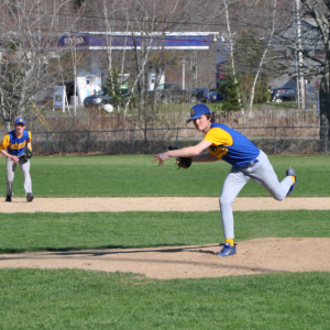 Brad Drummond fires a first-inning pitch May 1 against the Winthrop Ramblers. Below: Julian Aponte pitches May 1. Aponte fanned one and allowed no runs in one inning of work against the Ramblers. BEN BULKELEY/Boothbay Register Brad Drummond fires a first-inning pitch May 1 against the Winthrop Ramblers. BEN BULKELEY/Boothbay Register