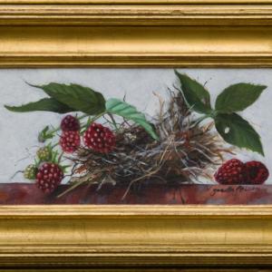  “Wren’s nest with raspberries,” a 4 by 8-inch oil on panel by Genetta McLean. Courtesy of Mathias Fine Art