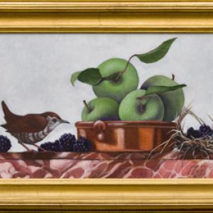 Genetta McLean, "Wren," oil on wood, 11x17-inch. Below: “Wren’s nest with raspberries,” a 4 by 8-inch oil on panel by Genetta McLean. Courtesy of Mathias Fine Art Genetta McLean, "Wren," oil on wood, 11x17-inch. Courtesy of Mathias Fine Art