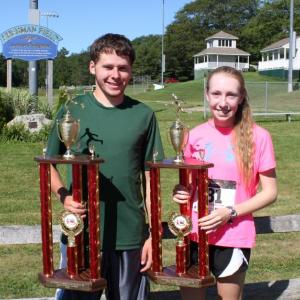 Boothbay Harbor’s Chase Brown and Lauren Perkowski, of Plainsville, CT, were the top male and female finishers. SUE MELLO/Boothbay Register