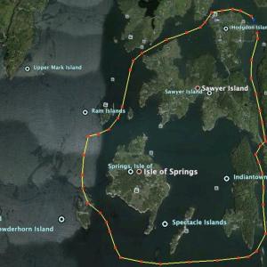 A kayak day trip that starts near Hodgdon Island and heads south towards Indiantown Island, and loops back under the Barter's Island bridge is 5.31 miles. Google Earth map
