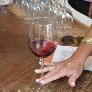 The hand of Kathy Pomian of Orwisburg, Pennsylvania, swooshes some wine before Pomian tastes it at Treat's. SUSAN JOHNS/The Wiscasset Newspaper