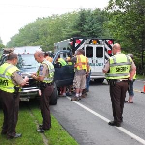 LCSO responds to a second motor vehicle accident on July 9. Driver James Norman of Boothbay Harbor, 70, is loaded into a stretcher and transported to St. Andrews Hospital. RYAN LEIGHTON/Boothbay Register