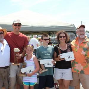 Flanked by rock skipping’s founding fathers John, left, and Arthur Webster, right, the 2013 Orne’s Candy Store Rock Skipping Champions proudly display their prizes: a handcrafted trophy and one pound of rocky road fudge. Left to right, men's champ Jason “Loose Cannon” Harrington, girls’ winner, Anna "Carbonator" Carbone, boys' winner, Tristan "Rocky Point" Smith, and women’s champ, Kim ‘Mskim’ Webster. SUE MELLO/Boothbay Register Flanked by rock skipping’s founding fathers John, left, and Arthur Webster, right, the 2013 Orne’s Candy Store Rock Skipping Champions proudly display their prizes: a handcrafted trophy and one pound of rocky road fudge. Left to right, men's champ Jason “Loose Cannon” Harrington, girls’ winner, Anna "Carbonator" Carbone, boys' winner, Tristan "Rocky Point" Smith, and women’s champ, Kim ‘Mskim’ Webster. SUE MELLO/Boothbay Register