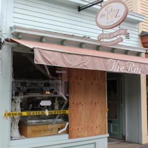 Plywood covers the display window at The Ritz jewelry store after an apparent fight led to its destruction in the wee hours of Sunday morning. SUE MELLO/Boothbay Register