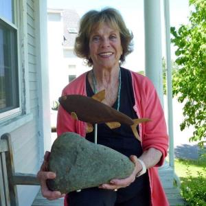 Myrna Snider of East Boothbay proudly holds the alewife sculpture she won at the Fish Ladder Festival. Courtesy of Deb Wilson Myrna Snider of East Boothbay proudly holds the alewife sculpture she won at the Fish Ladder Festival. Courtesy of Deb Wilson