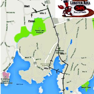 This map shows the route of the 5k, beginning at Emery Lane near Boothbay Region High School on Townsend Avenue. Courtesy of Mame Anthony This map shows the route of the 5k, beginning at Emery Lane near Boothbay Region High School on Townsend Avenue. Courtesy of Mame Anthony