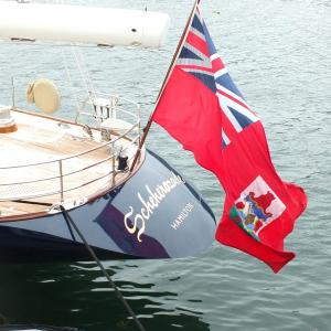The stern of the ‘Scehereazade’ flies the flag of the Cayman Islands, where the sailboat ports in the winter. RYAN LEIGHTON/Boothbay Register