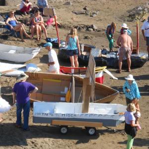 The starting line of the cardboard boat regatta. Courtesy of Tara Hire