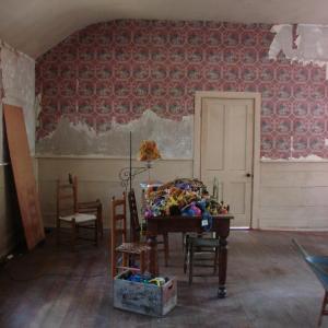 The wallpaper is not coming off easily inside the schoolhouse. Stephenson believes the wallpaper went up after the school closed. SUSAN JOHNS/Wiscasset Newspaper