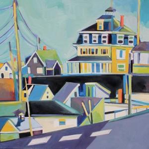 “HARBOR HOUSES” oil painting by Susan Bartlett Rice at Rising Tide Market.