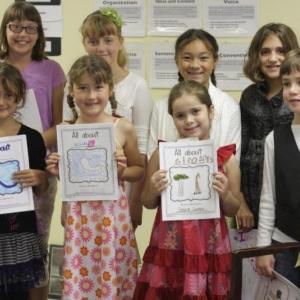 These young authors shared their writing at the Author's Tea party on Friday. Pictured from left, back: Maria West, Ella Cloutier, Vanessa Albert, Haley Downs; front: Sylvia Lee, Julia Truesdell, Gracie Greene, Oscar Martin. Courtesy of Tanya Albert and Lisa Truesdell These young authors shared their writing at the Author's Tea party on Friday. Pictured from left, back: Maria West, Ella Cloutier, Vanessa Albert, Haley Downs; front: Sylvia Lee, Julia Truesdell, Gracie Greene, Oscar Martin. Courtesy of Tanya Albert and Lisa Truesdell