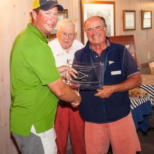 Winner of the Maine State J-24 Championship held last weekend at the Boothbay Harbor Yacht Club is Carter White, left, holding the trophy and being congratulated by PC Andy Holmes, Regatta chair, and Commodore Neil Newton. Courtesy of Donald Snyder Winner of the Maine State J-24 Championship held last weekend at the Boothbay Harbor Yacht Club is Carter White, left, holding the trophy and being congratulated by PC Andy Holmes, regatta Chair, and Commodore Neil Newton. Courtesy of Donald Snyder