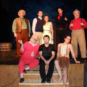 The cast of "The Fantasticks” at the Boothbay Playhouse, front, left: Joe McGrann, Nick Mirabile, Cole Domeyer; back from left, Dan True, Roger Reed, Devin Domeyer, Nicholas Carroll and Nick Azzaretti. LISA KRISTOFF/Boothbay Register