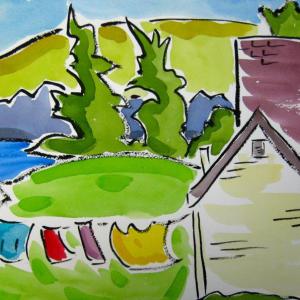 “Trailing Yew Laundry Line, Monhegan,” by Ellen Hutcheson, on display at the Damariscotta River Grill through September 15.