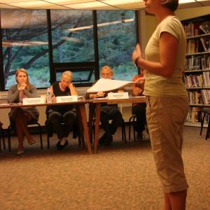 Wiscasset High School Principal Deb Taylor tells the school district board about an international student exchange program at the board's August 8 meeting in the high school library. Board members who spoke were enthusiastic about the idea. SUSAN JOHNS/Wiscasset Newspaper