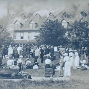 The hotel and Rosewood cottage aflame in mid-August 1913. Visitors with their steamer trunks watch the fire, while others came by boat or simply stood and watched from the mainland. Seven-year-old Lester Barter told me he watched from McKown Hill in the Harbor. All photos courtesy of the Boothbay Region Historical Society
