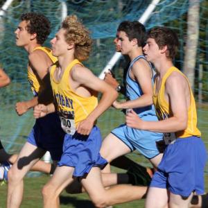 Left to right, Matt Burnham, Joey Paolillo and Kyler Carty began the 2013 cross country season with strong races. SUE MELLO/Boothbay Register