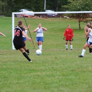 A Lisbon striker takes aim and fires a shot on goal. RYAN LEIGHTON/Boothbay Register