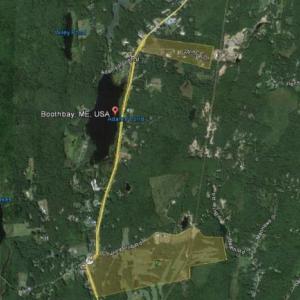 A drawing representing the proposed  Boothbay Village and Industrial Park TIF  district consisting of the golf course, the Boothbay common and the properties running north along the Route 27 corridor, including Boothbay's industrial park. Courtesy of Jim Chaousis, Google Earth