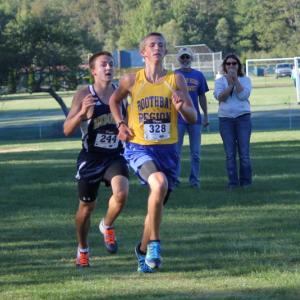 Seahawk Benn Scully was the fastest man on two legs at Friday’s meet at Medomak Valley and he might have finished first if he had considered flying. Scully was bested at the finish line when Medomak’s runner dove across the line. SUE MELLO/Boothbay Register.