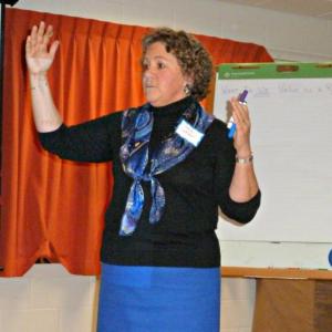 Jane Lafleur leads the entire group in discussion. KATRINA CLARK/Boothbay Register