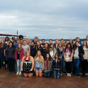 Boothbay Region High School students and their German partners, along with teachers and chaperones, gather for a group photo during one of their field trips. Courtesy of Taras M. Schkrioba Jr.