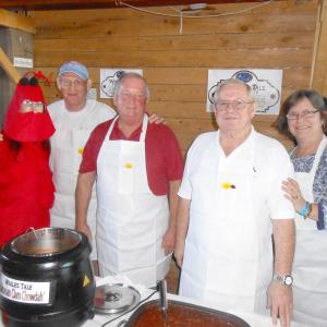 Whalers galore: Taking 1st Place Chowder for both Judges & Peoples Award are, from left, Jamie North (lobster), Murray Keene, Peter Frost, Jack Cogswell and Diane Davis representing Whale’s Tale at the Chili & Chowder Contest. GARY DOW/Boothbay Register