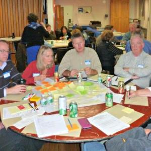 Small groups discussed what was most important to them, and why they came to the region. From left are Mary Baudo, Rob Dietz, Danielle Betts, Michael Tomko, John Hochstein, Nicia Gruener and Bill Gruener. KATRINA CLARK/Boothbay Register