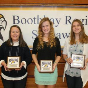 Girls soccer plaque winners, from left, Evy Greenleaf, Coaches Award; Sinead Miller, Most Valuable; and Lisa Pawlowski, Most Improved. KEVIN BURNHAM/Boothbay Register